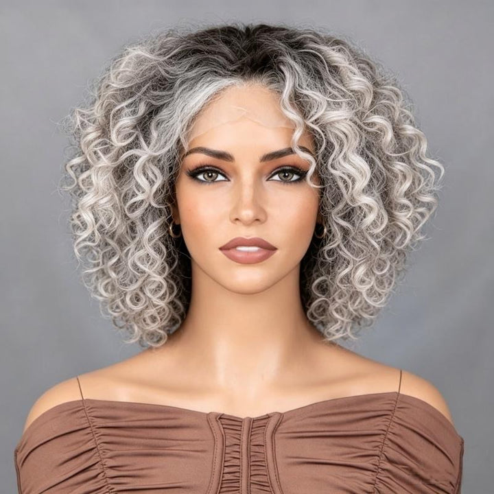 Curly Bob Transparent Lace Shadow Root Silver 5x5 Closure Wig