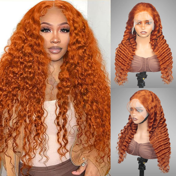 Deep Wave Transparent Lace 350 Copper Auburn 13x4 Full Frontal Wig