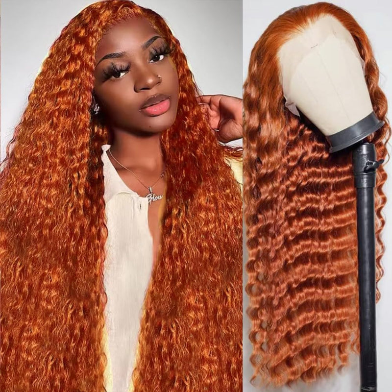 Deep Wave Transparent Lace 350 Copper Auburn 13x4 Full Frontal Wig