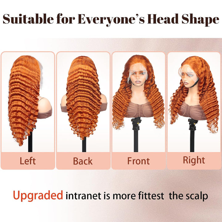 Deep Wave Transparent Lace 350 Copper Auburn 13x4 Full Frontal Wig