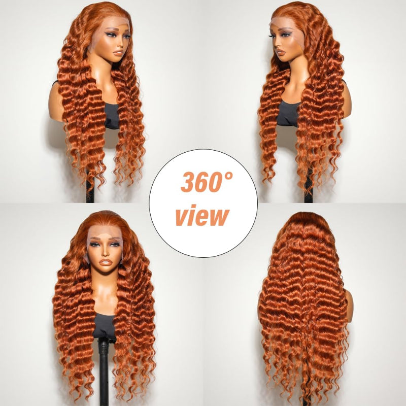 Deep Wave Transparent Lace 350 Copper Auburn 13x4 Full Frontal Wig