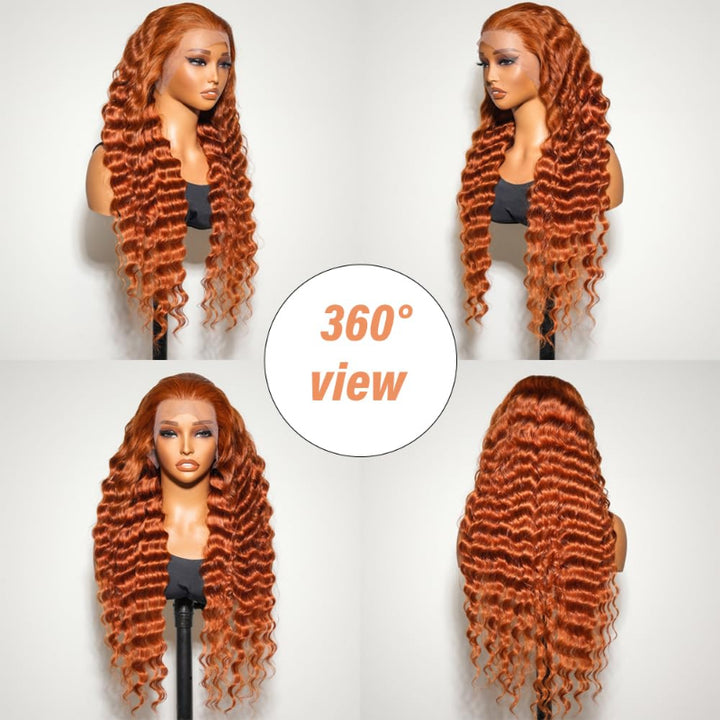 Deep Wave Transparent Lace 350 Copper Auburn 13x4 Full Frontal Wig