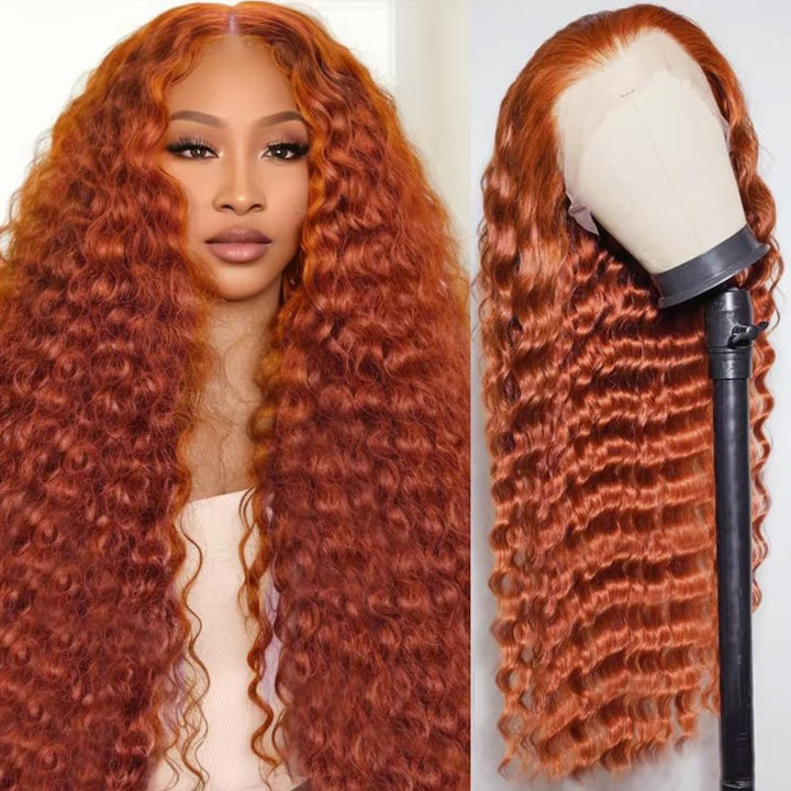 Deep Wave Transparent Lace 350 Copper Auburn 13x4 Full Frontal Wig
