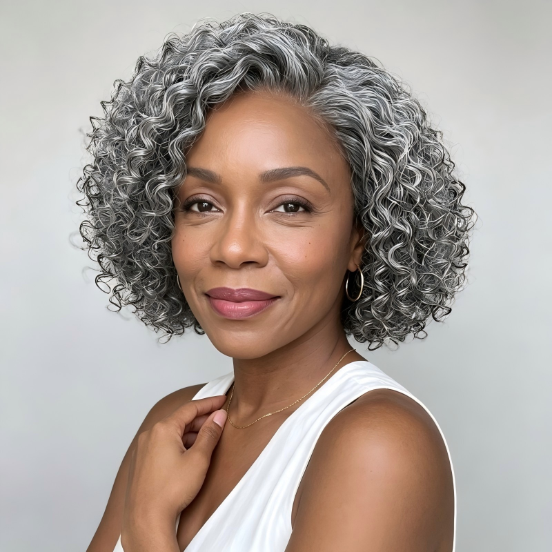 Jerry Curly Bob Transparent Lace Salt Pepper 5x5 Closure Wig