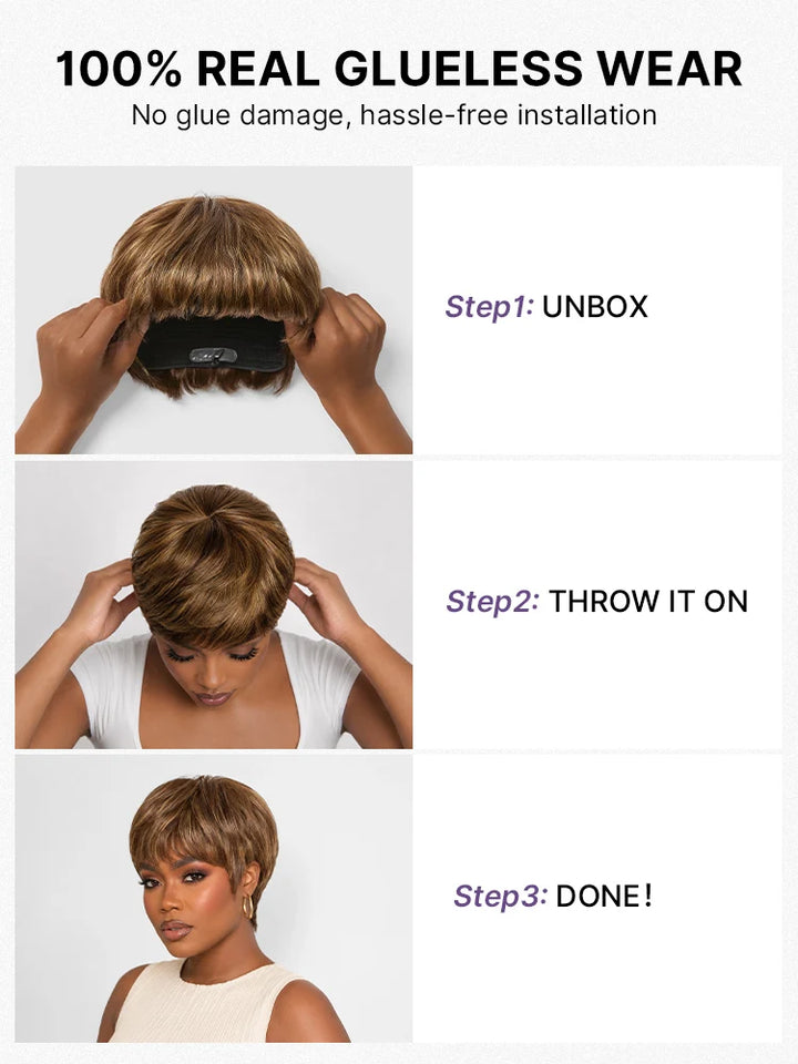 KRN Skin-Friendly Human Hair Pixie Wig Brown Blonde Highlight With Bangs