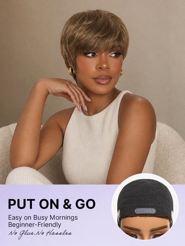 KRN Skin-Friendly Human Hair Pixie Wig Brown Blonde Highlight With Bangs