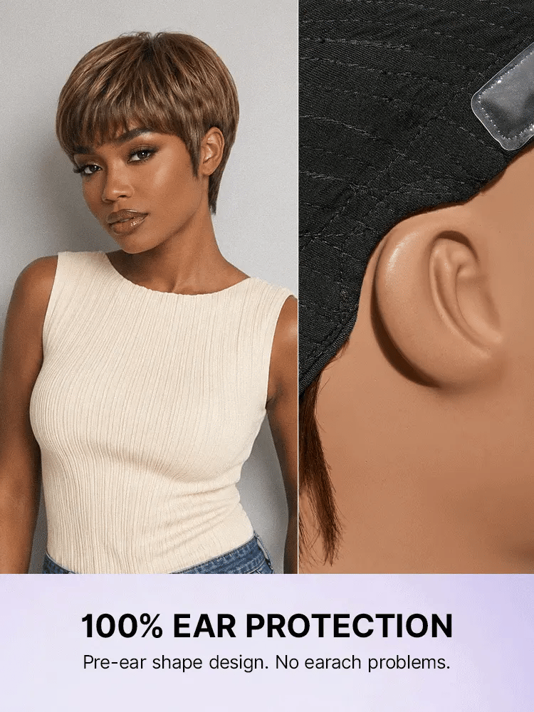 KRN Skin-Friendly Human Hair Pixie Wig Brown Blonde Highlight With Bangs