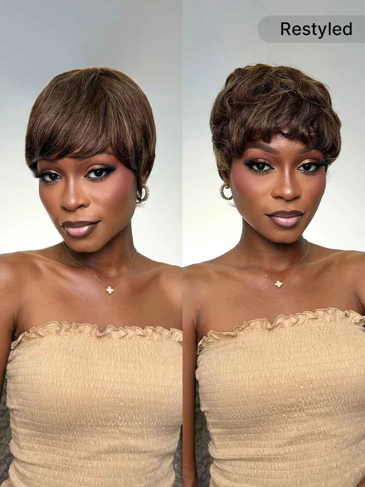 KRN Skin-Friendly Human Hair Pixie Wig Brown Blonde Highlight With Bangs