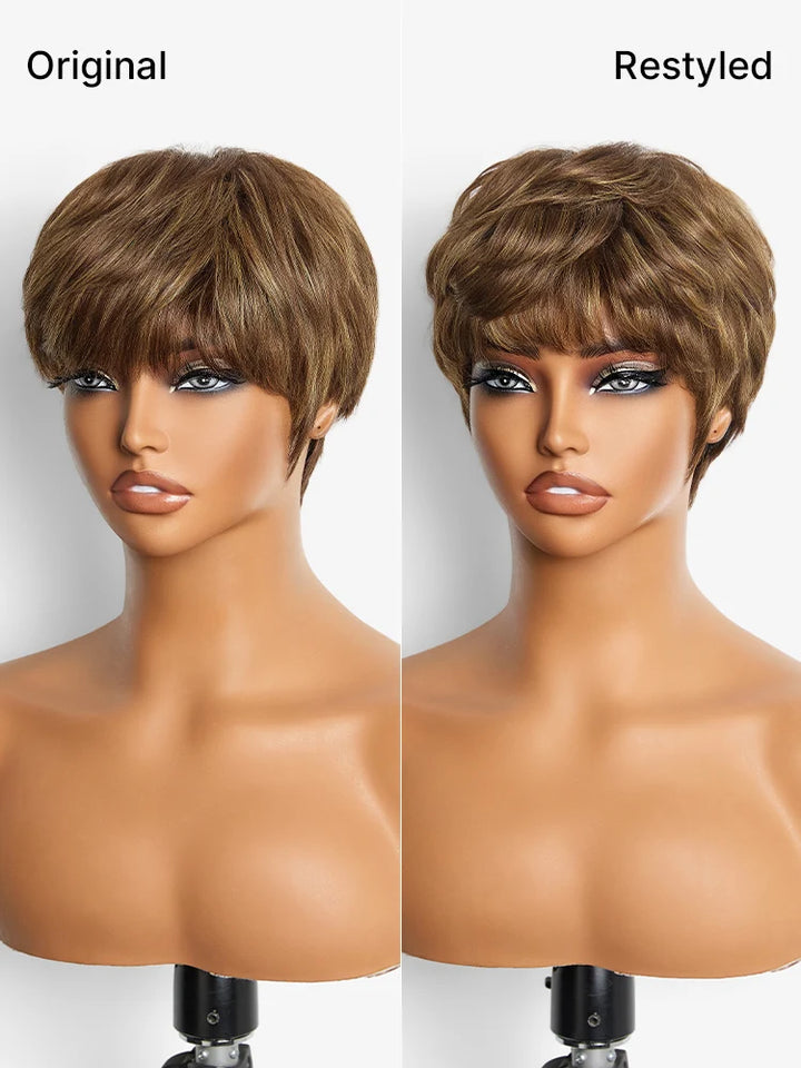 KRN Skin-Friendly Human Hair Pixie Wig Brown Blonde Highlight With Bangs