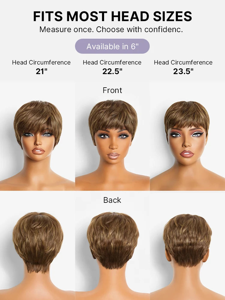 KRN Skin-Friendly Human Hair Pixie Wig Brown Blonde Highlight With Bangs