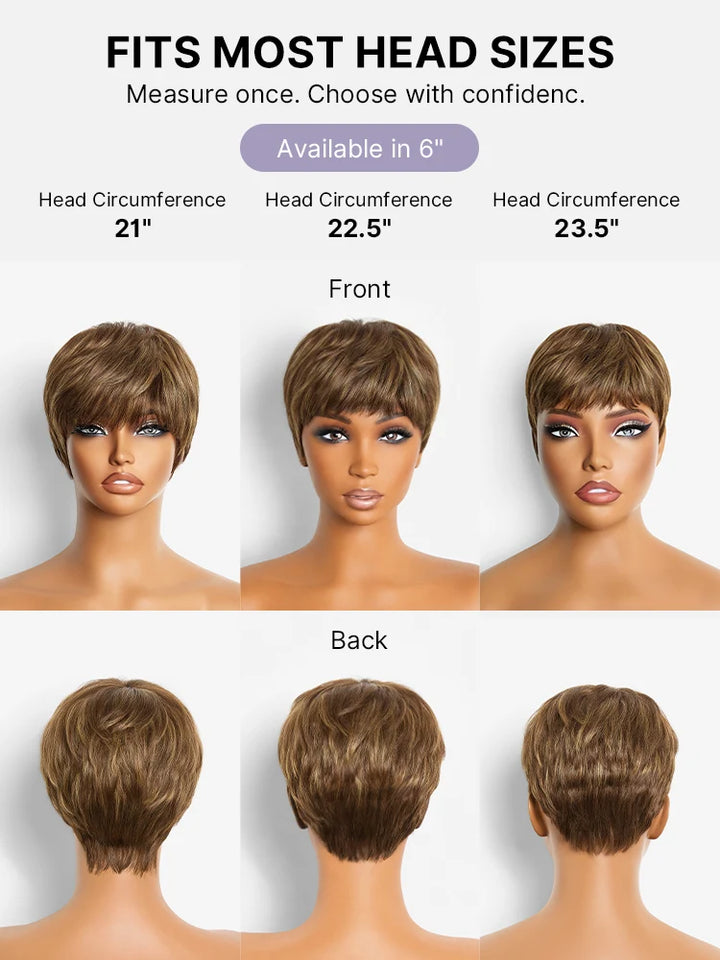 KRN Skin-Friendly Human Hair Pixie Wig Brown Blonde Highlight With Bangs