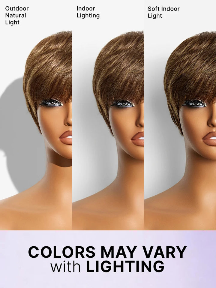 KRN Skin-Friendly Human Hair Pixie Wig Brown Blonde Highlight With Bangs