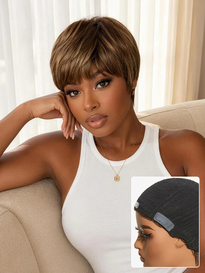 KRN Skin-Friendly Human Hair Pixie Wig Brown Blonde Highlight With Bangs