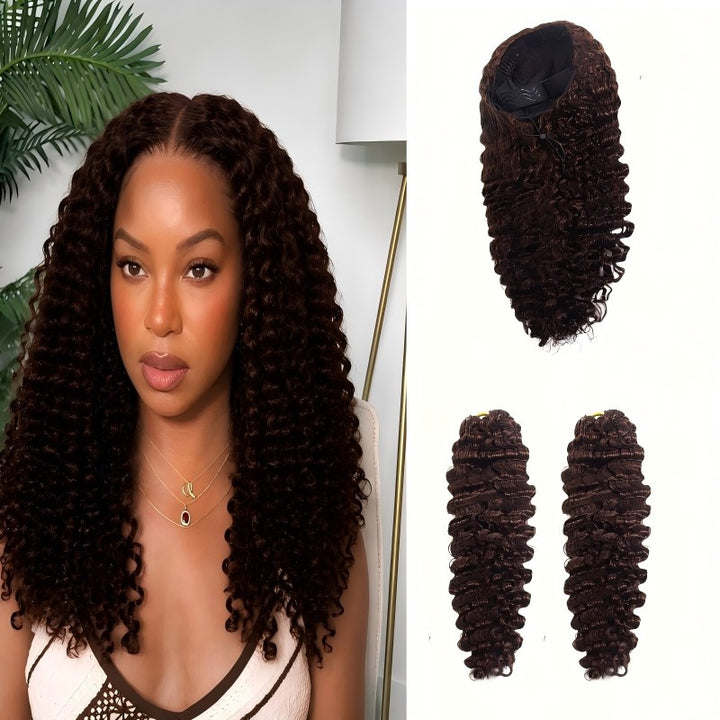 KRN #4 Dark Brown Burmese Curly Half Wig with Feather Crochet Hair