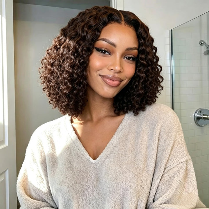 KRN #4 Dark Brown Burmese Curly Half Wig with Feather Crochet Hair