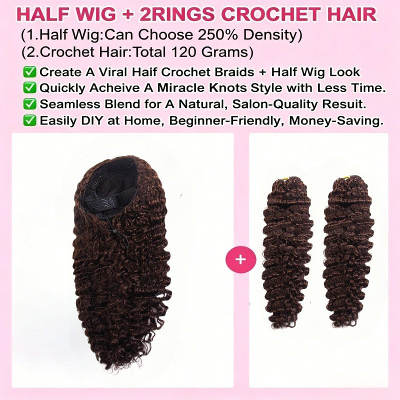KRN #4 Dark Brown Burmese Curly Half Wig with Feather Crochet Hair