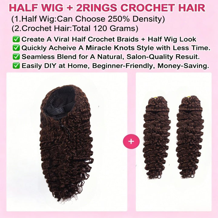KRN #4 Dark Brown Burmese Curly Half Wig with Feather Crochet Hair