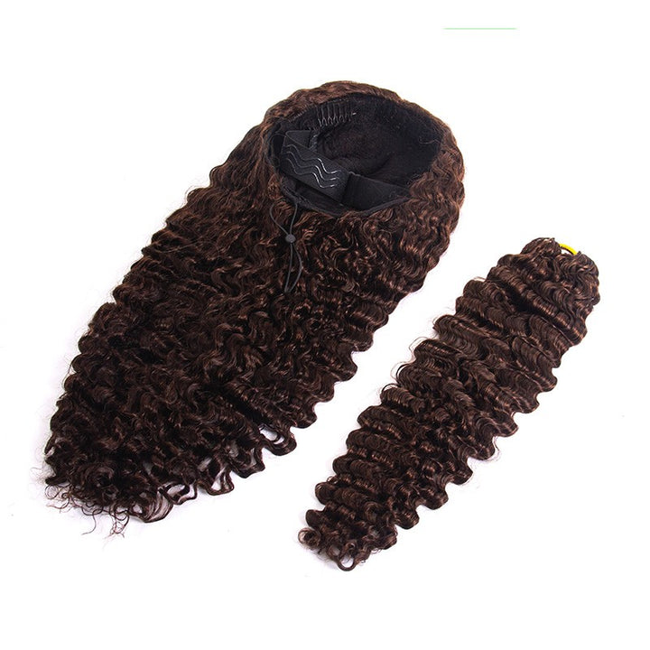 KRN #4 Dark Brown Burmese Curly Half Wig with Feather Crochet Hair