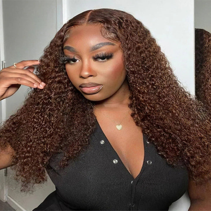KRN #4 Medium Brown Color Kinky Curly 13x4 Transparent Full Lace Frontal Wig