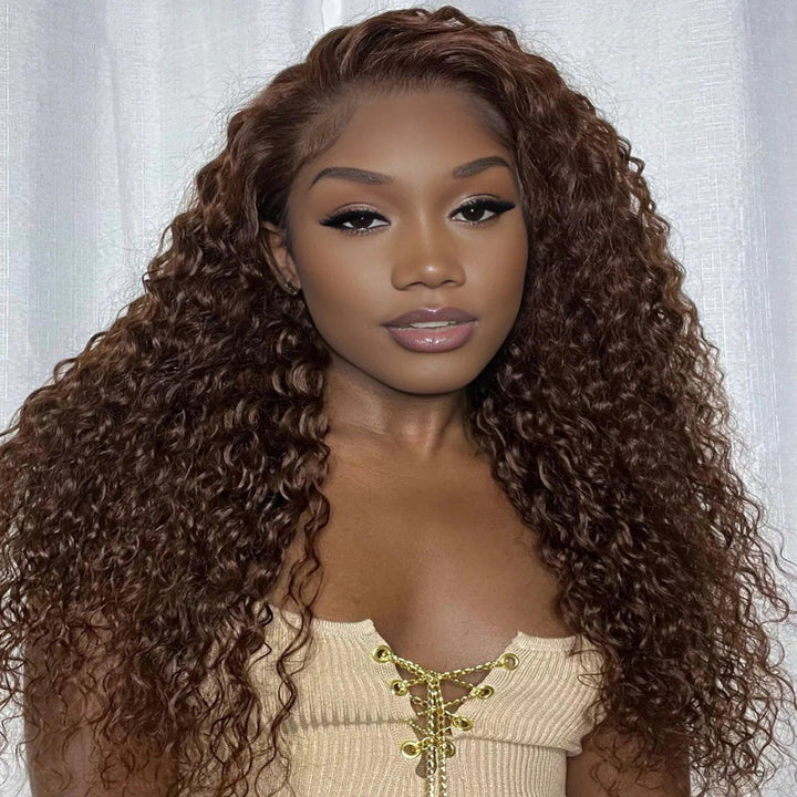 KRN #4 Medium Brown Color Kinky Curly 13x4 Transparent Full Lace Frontal Wig