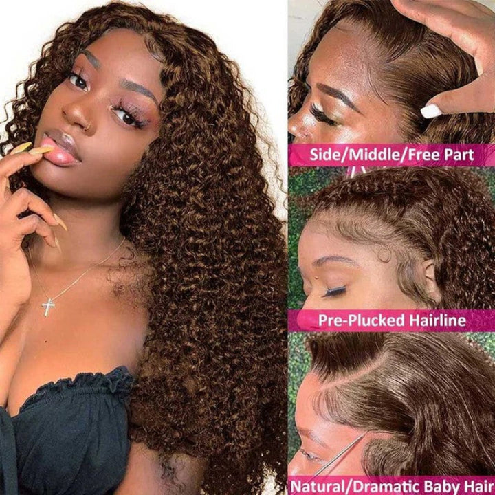 KRN #4 Medium Brown Color Kinky Curly 13x4 Transparent Full Lace Frontal Wig
