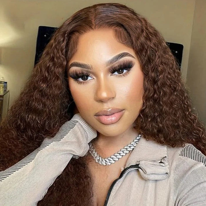 KRN #4 Medium Brown Color Kinky Curly 13x4 Transparent Full Lace Frontal Wig