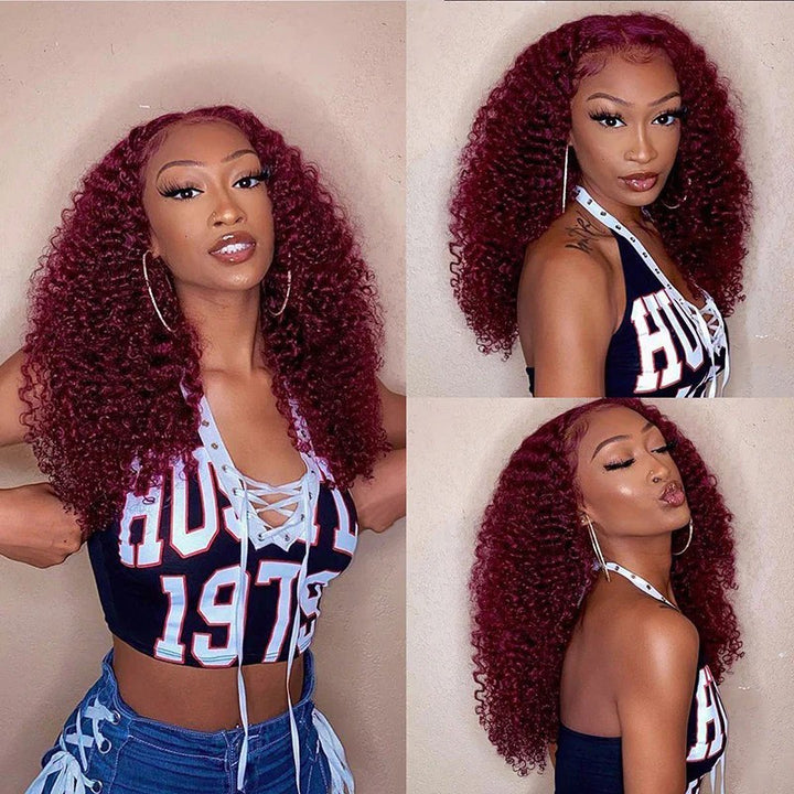 KRN #99J Burgundy Color Kinky Curly 13x4 Transparent Full Lace Frontal Wig