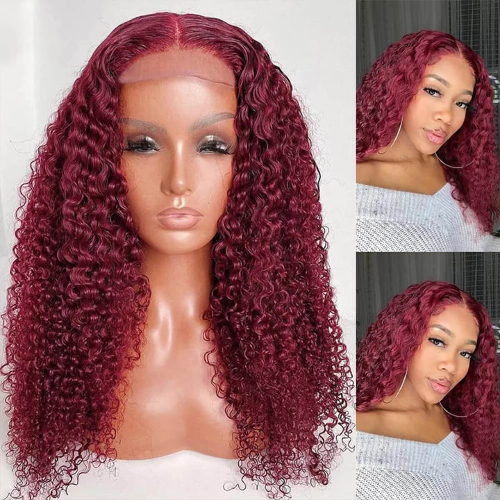 KRN #99J Burgundy Color Kinky Curly 13x4 Transparent Full Lace Frontal Wig