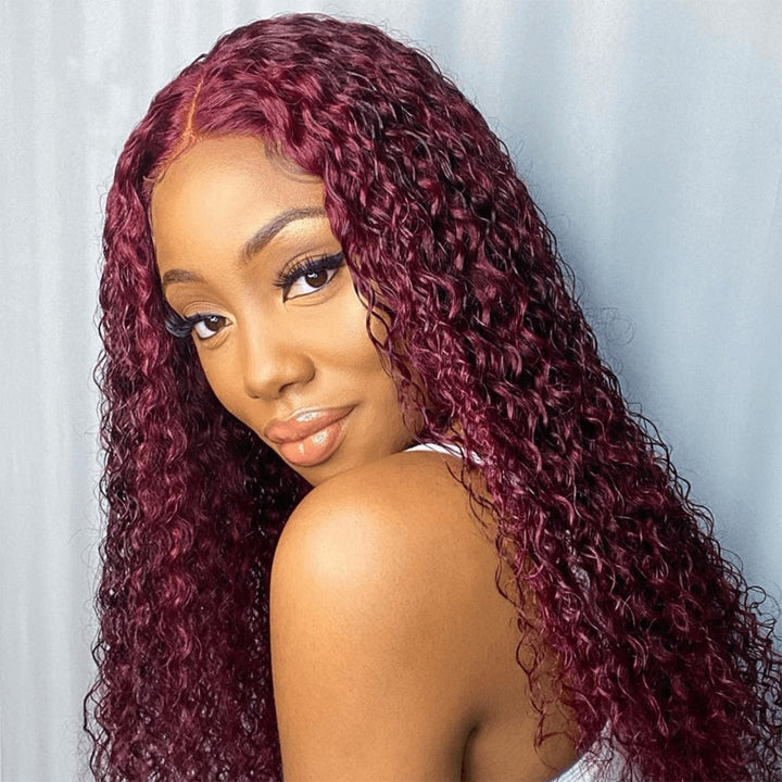 KRN #99J Burgundy Color Kinky Curly 13x4 Transparent Full Lace Frontal Wig