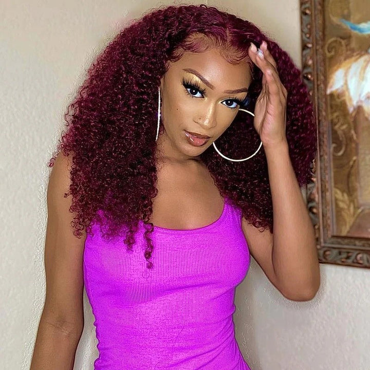 KRN #99J Burgundy Color Kinky Curly 13x4 Transparent Full Lace Frontal Wig