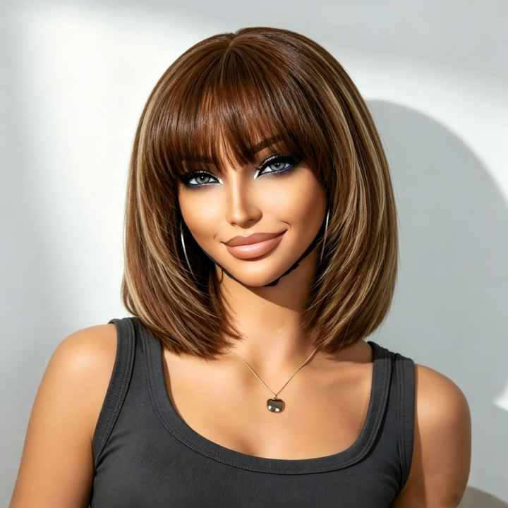 KRN Ash Blonde Highlight Yaki Straight Short Curly Bob HD Transparent Lace Wig