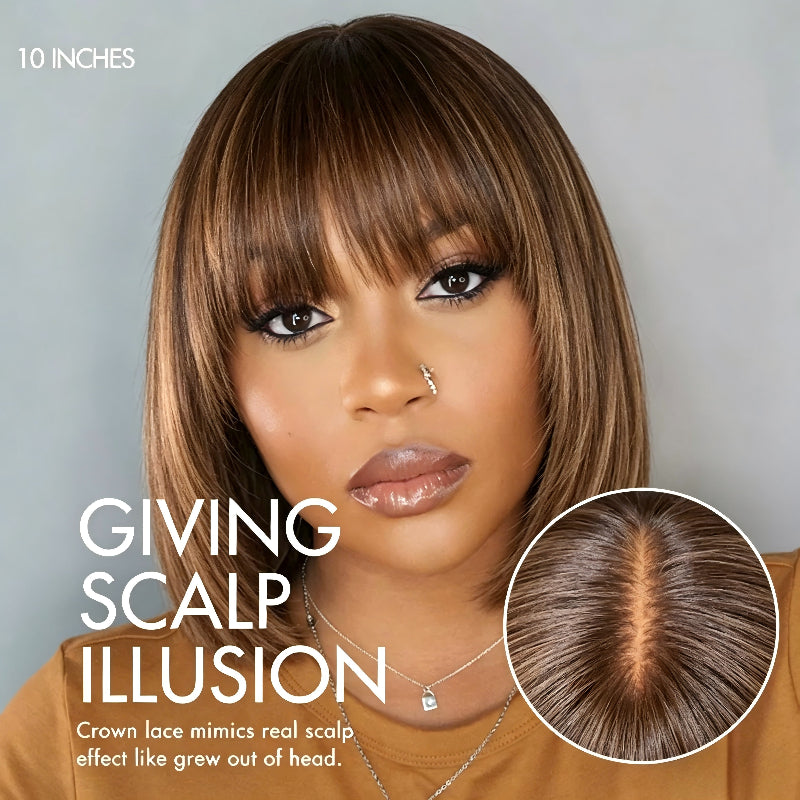KRN Ash Blonde Highlight Yaki Straight Short Curly Bob HD Transparent Lace Wig