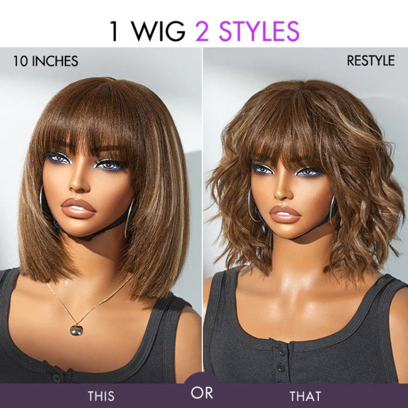 KRN Ash Blonde Highlight Yaki Straight Short Curly Bob HD Transparent Lace Wig