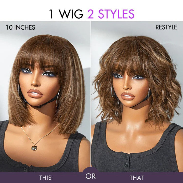 KRN Ash Blonde Highlight Yaki Straight Short Curly Bob HD Transparent Lace Wig