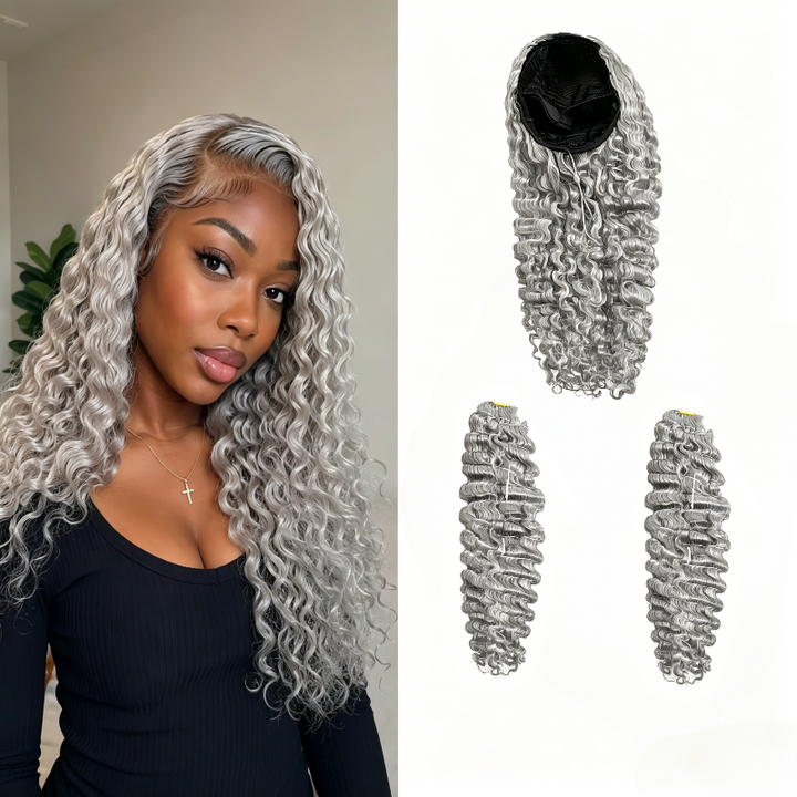 HC Wig Salt Pepper Burmese Curly Half Wig Crochet Braid Hair