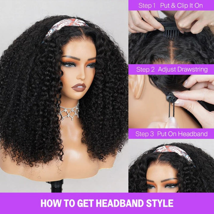 KRN Kinky Curly Half Wig Flexible Fit Drawstring Human Hair Wig