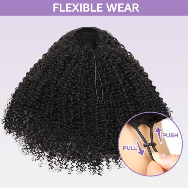 KRN Kinky Curly Half Wig Flexible Fit Drawstring Human Hair Wig
