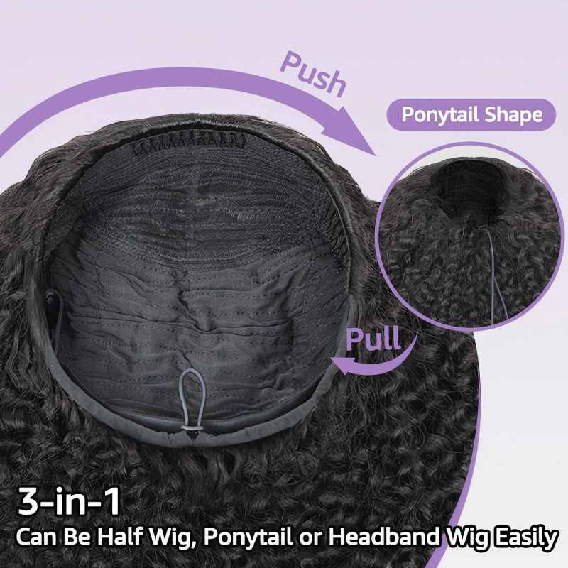 KRN Kinky Curly Half Wig Flexible Fit Drawstring Human Hair Wig