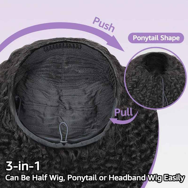 KRN Kinky Curly Half Wig Flexible Fit Drawstring Human Hair Wig