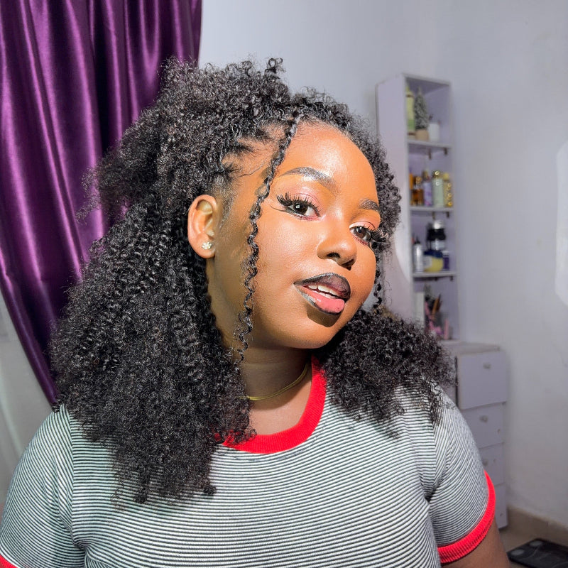Kinky Curly Half Wig Flexible Fit Drawstring Human Hair Wig