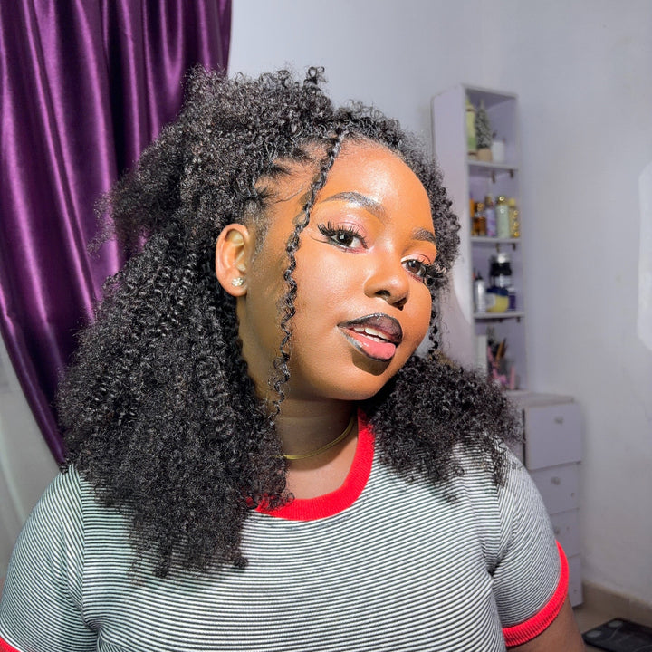 Kinky Curly Half Wig Flexible Fit Drawstring Human Hair Wig