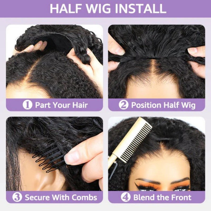 KRN Kinky Straight Half Wig Flexible Fit Drawstring Human Hair Wig