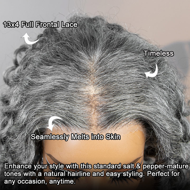 Loose Curly Transparent Lace Salt Pepper 13x4 Full Frontal Wig