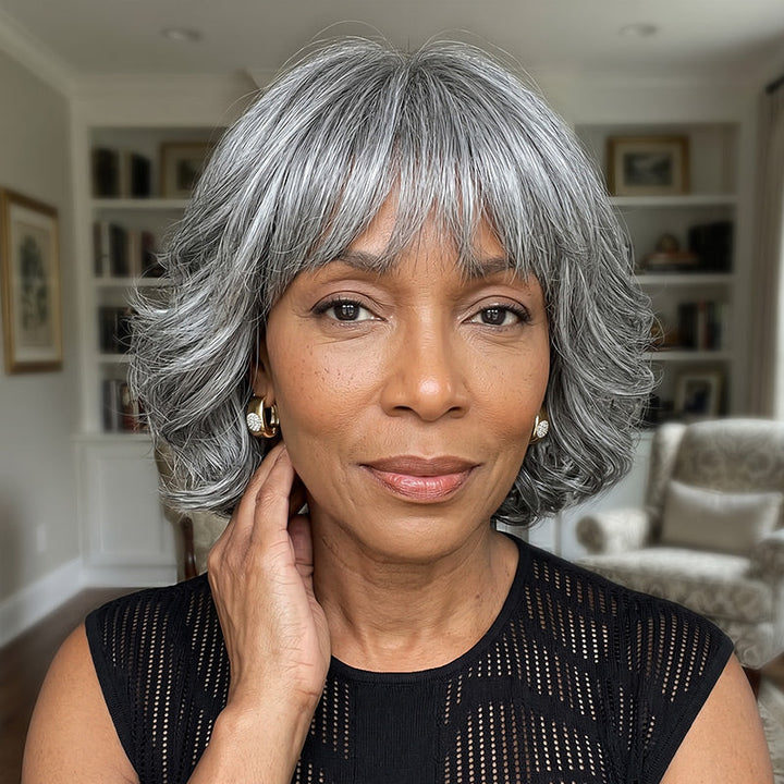 Loose Wavy Bob With Bangs Transparent Lace Salt Pepper 5x5 Closure Wig