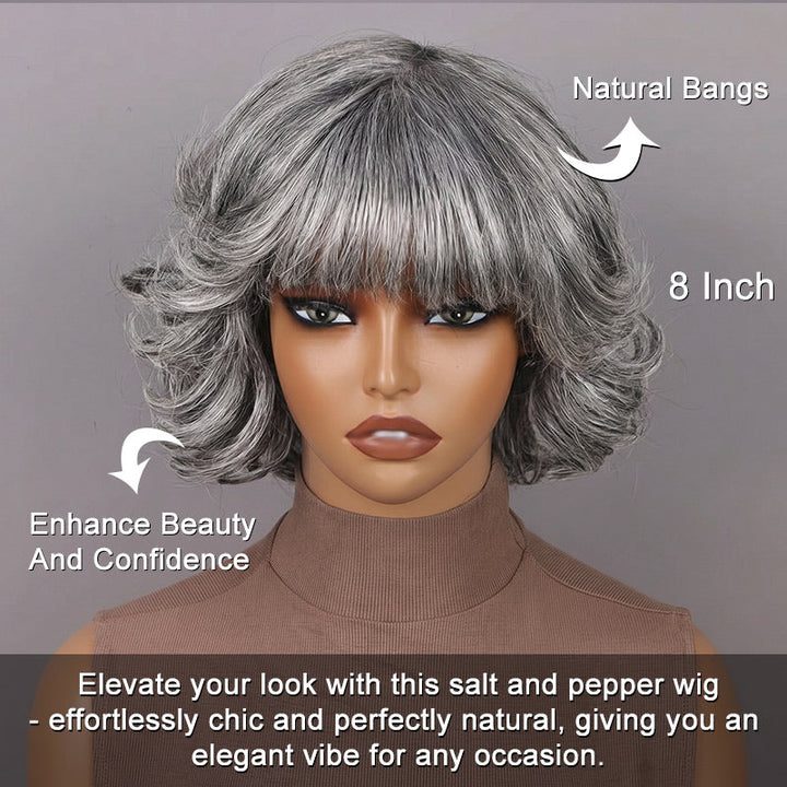 Loose Wavy Bob With Bangs Transparent Lace Salt Pepper 5x5 Closure Wig