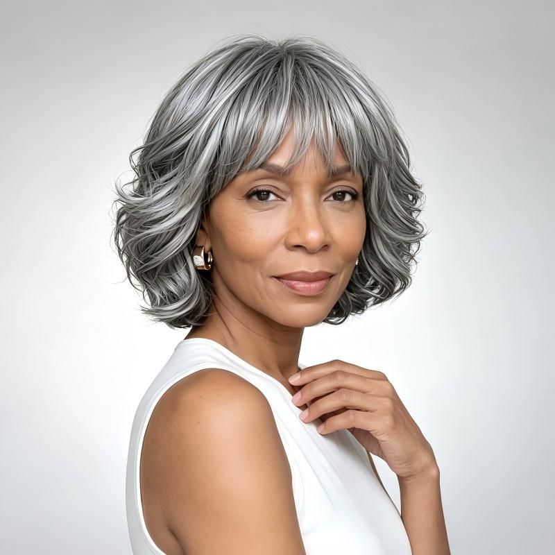Loose Wavy Bob With Bangs Transparent Lace Salt Pepper 5x5 Closure Wig