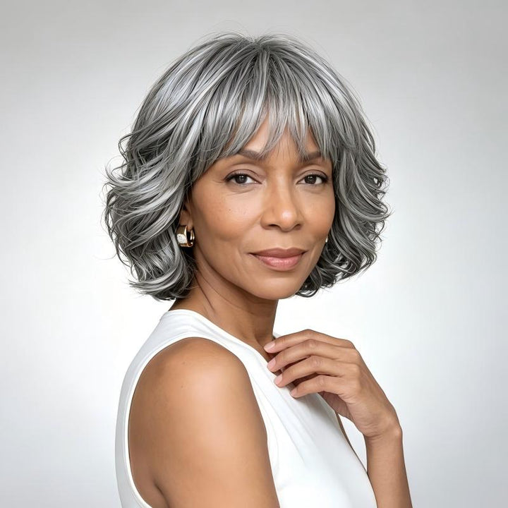 Loose Wavy Bob With Bangs Transparent Lace Salt Pepper 5x5 Closure Wig