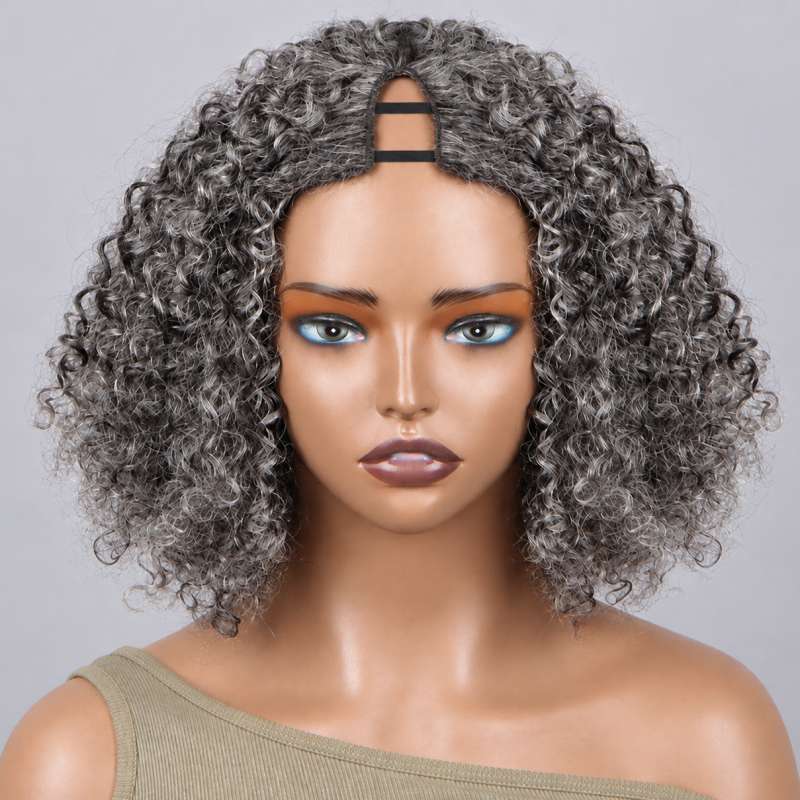 Salt Pepper Jerry Curly Glueless V Part Wig