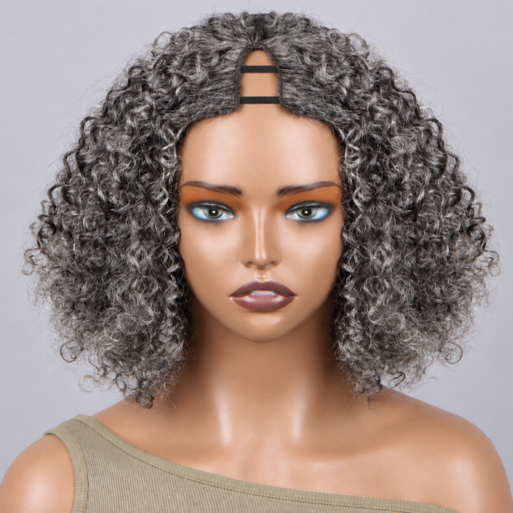 Salt Pepper Jerry Curly Glueless V Part Wig