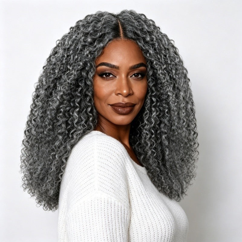 Salt Pepper Kinky Curly Glueless V Part Wig